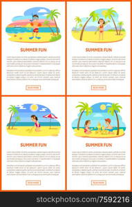 Summer fun posters vector, kids wearing scuba diving equipment and drawing on sand. Brother and sister building castle, girl holding towel on beach. Summer Fun Kids on Beach Spending Vacations Set