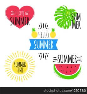 Summer Fun Stickers Set. Watermelon Pineapple Monstera Sun Heart Badges. Hand Drawn Vector Elements. Summer Fun Stickers Set. Watermelon Pineapple Monstera Sun Heart Badges. Hand Drawn Vector Elements.
