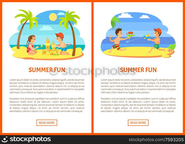 Summer fun vector, kids playing at beach, posters with text. Water fight guns loaded with liquid, boys on vacation having fun together flat style. Summer Fun Children at Beach, Seaside Relaxation