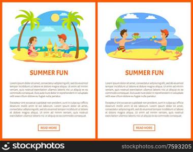 Summer fun vector, kids playing at beach, posters with text. Water fight guns loaded with liquid, boys on vacation having fun together flat style. Summer Fun Children at Beach, Seaside Relaxation
