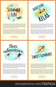 Summer fun vector, man and woman swimming in water, male laying on inflatable mattress, couple on vacation. Lady on saving ring lifebuoy webpages set. Summer Fun People Swimming and Relaxing by Sea