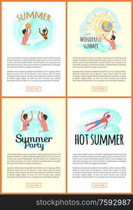 Summer fun vector, people on vacation summertime seasonal holidays. Male throwing inflatable ball, waterpolo and surfing man, swimming couple set. Summer Fun, Waterpolo Sporting and Relaxing People