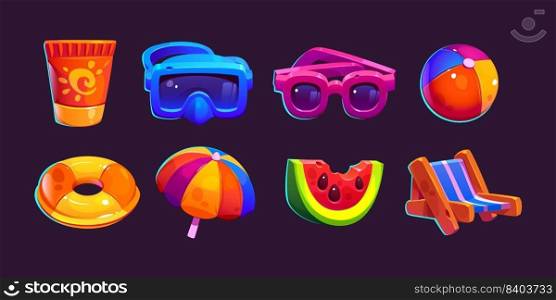 Summer game icons, cartoon vector isolated. Cute accessories for beach or pool leisure, sunscreen in tube and sunglasses, snorkel mask and chair, inflatable ring and ball, umbrella, watermelon piece. Summer cute game icons, cartoon vector isolated