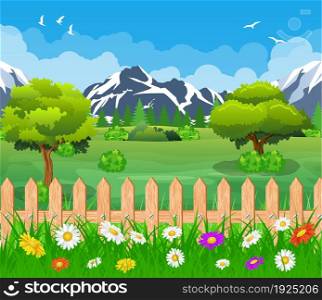 summer garden landscape. Mountain Landscape with forest and fence. Vector illustration in flat style. summer garden landscape.