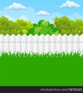 summer garden with bushes and tree. Summer and spring nature landscape with forest and fence. Vector illustration in flat style. summer garden with bushes and tree