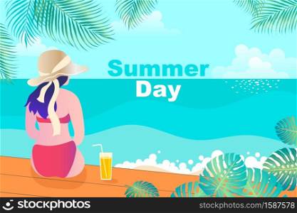 Summer girl on the beach. Staying home vacation enjoy cartoon illustration. Vacation on sea or ocean resort. Female tourist sunbathing. Summer holidays at seaside.