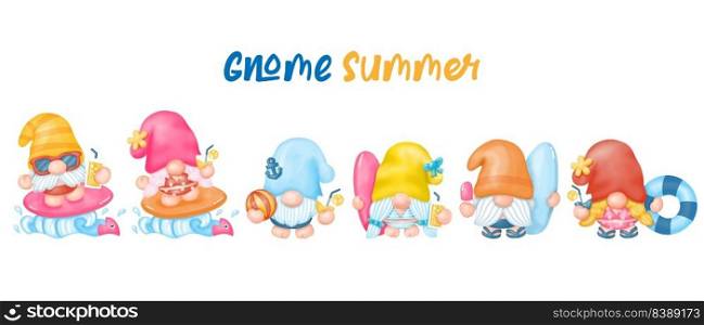 Summer Gnomes Clipart, Beach Gnomes, Watercolor Digital painting