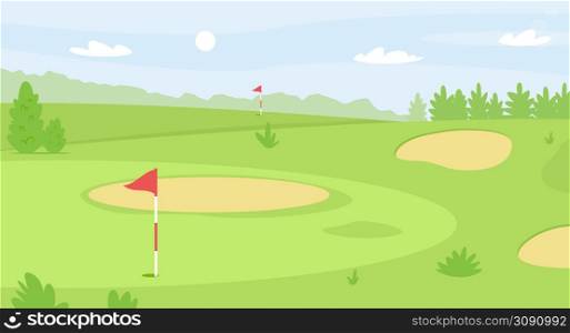 Summer golf course landscape, green grass field for golfing. Red flag and hole, fairway and sand bunkers, golf scene vector illustration. Lawn for outdoor sport and leisure activity. Summer golf course landscape, green grass field for golfing. Red flag and hole, fairway and sand bunkers, golf scene vector illustration