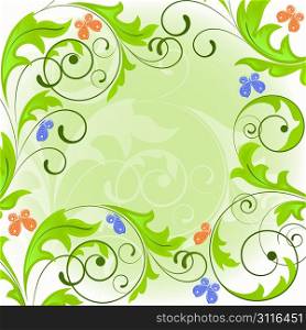 Summer green background with plant and butterflies