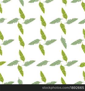Summer green leaves seamless pattern on stripe background. Creative foliage ornament. Leaf backdrop. Abstract floral wallpaper. For fabric design, textile print, wrapping, cover. Vector illustration. Summer green leaves seamless pattern on stripe background. Creative foliage ornament. Leaf backdrop.