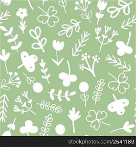 Summer green seamless pattern with flowers and greenery. Background white silhouettes of plants on gentle pastel light green color. Template for fabric, paper, wallpaper and design vector illustration