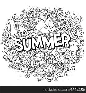 Summer hand drawn cartoon doodles illustration. Funny seasonal design. Creative art vector background. Handwritten text with vacation elements and objects. Sketchy composition. Summer hand drawn cartoon doodles illustration. Funny seasonal design.