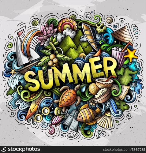 Summer hand drawn cartoon doodles illustration. Funny seasonal design. Creative art vector background. Handwritten text with vacation elements and objects. Colorful composition. Summer hand drawn cartoon doodles illustration. Funny seasonal design.