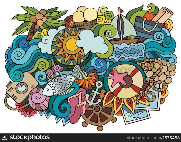 Summer hand drawn cartoon doodles illustration. Funny travel design. Creative art vector background. Nature symbols, elements and objects. Colorful composition. Summer hand drawn cartoon doodles illustration. Funny travel design.