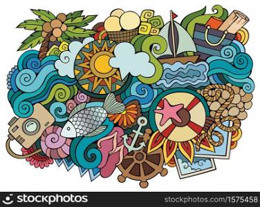 Summer hand drawn cartoon doodles illustration. Funny travel design. Creative art vector background. Nature symbols, elements and objects. Colorful composition. Summer hand drawn cartoon doodles illustration. Funny travel design.