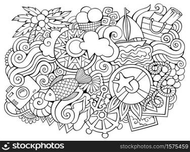 Summer hand drawn cartoon doodles illustration. Funny travel design. Creative art vector background. Nature symbols, elements and objects. Sketchy composition. Summer hand drawn cartoon doodles illustration. Funny travel design.