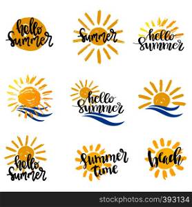 Summer hand drawn lettering elements set vector, Sun and ocean waves with black phrases logo design symbols. Summer hand drawn lettering elements set vector