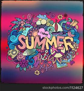 Summer hand lettering and doodles elements. Vector blurred illustration. Summer hand lettering and doodles elements.