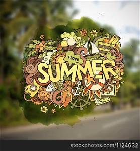 Summer hand lettering and doodles elements. Vector blurred illustration. Summer hand lettering and doodles elements