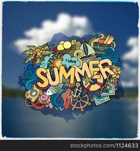 Summer hand lettering and doodles elements. Vector blurred illustration. Summer hand lettering and doodles elements