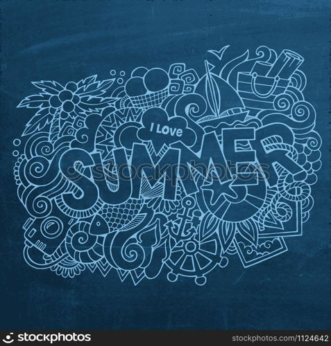 Summer hand lettering and doodles elements. Vector chalkboard illustration. Summer hand lettering and doodles elements. Vector chalkboard il