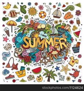 Summer hand lettering and doodles elements. Vector illustration . Doodles abstract decorative summer background