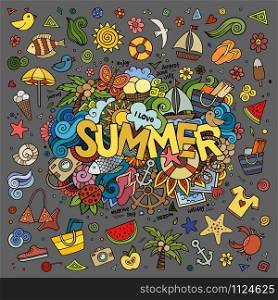 Summer hand lettering and doodles elements. Vector illustration . Doodles abstract decorative summer background