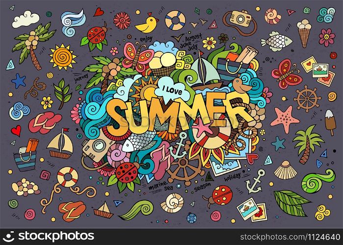 Summer hand lettering and doodles elements. Vector illustration . Summer hand lettering and doodles elements