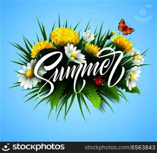 Summer handwriting lettering with summer flower. Vector illustration EPS10. Summer handwriting lettering with summer flower. Vector illustration