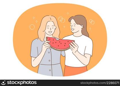 Summer healthy food and vitamins concept. Two smiling excited girls standing and eating red ripe watermelon fruit together having fun vector illustration . Summer healthy food and vitamins concept.