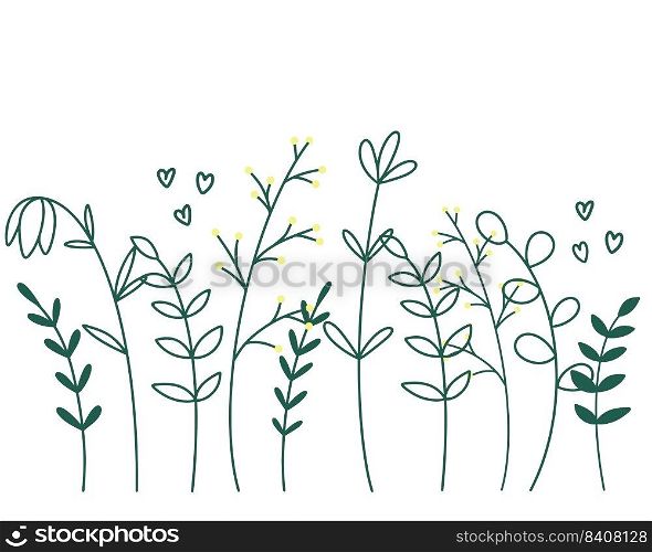 Summer herbs, weeds and flowers line silhouette vector. Meadow wild plants natural botanical decoration. Hand drawn trend elements design. Summer herbs, weeds and flowers line silhouette vector