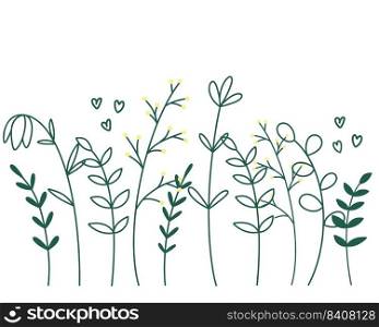 Summer herbs, weeds and flowers line silhouette vector. Meadow wild plants natural botanical decoration. Hand drawn trend elements design. Summer herbs, weeds and flowers line silhouette vector