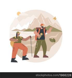 Summer hiking abstract concept vector illustration. Hiking in heat, summer trekking, active vacation, buy boots and outfit, natural park trails, guide service, backpacker abstract metaphor.. Summer hiking abstract concept vector illustration.