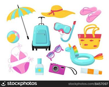 Summer holiday accessories and equipment flat pictures set. Cartoon hat, luggage, umbrella, swimsuit, camera, bag isolated vector illustrations. Travel and vacation concept