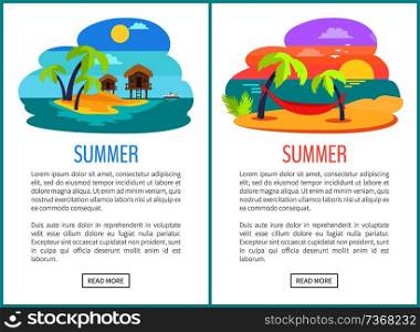 Summer holiday and vacation on sea vector banner, illustrations with text s&le and push buttons, images of tropical countries with palms and beaches. Summer Holiday and Vacation on Sea Vector Banner