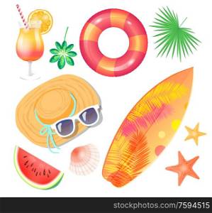 Summer holiday banner vector placard sample. Surfboard and palm leaves print and inflatable ring, straw hat with sun glasses, cocktail and watermelon. Summer Beach Party Banner, Vector Placard Sample