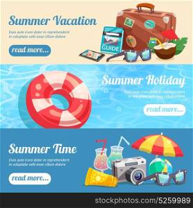 Summer Holiday Banners Set. Summer holiday set of horizontal banners with beach accessories travel attributes lifebuoy on water isolated vector illustration