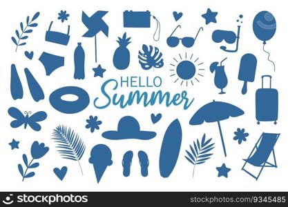 Summer holiday beach elements set. Hello summer lettering. Silhouette vector illustration.