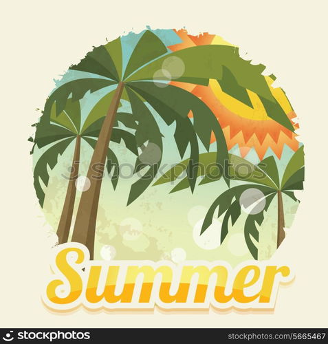 Summer holiday card with palm trees and flip flops, vector