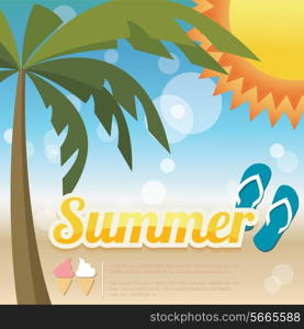 Summer holiday card with palm trees and flip flops, vector