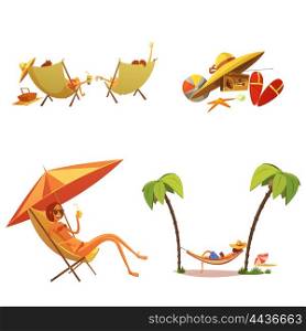 Summer Holiday Cartoon Icons Set . Summer holiday cartoon icons set with chaise lounge and palms isolated vector illustration