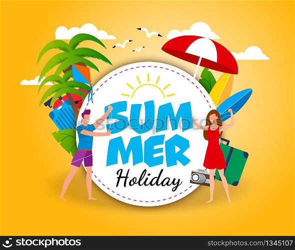 Summer Holiday Cartoon Promotion Banner Template. Advertising Text in Circle. Man Holds Kite. Woman in Beautiful Dress. Tourists and Traveler Accessories. Vector Flat Illustration in Tropical Style. Summer Holiday Cartoon Promotion Banner Template