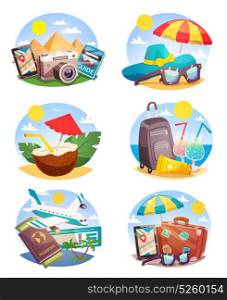Summer Holiday Compositions Set. Summer holiday set of round compositions with landmarks beach accessories tropical cocktails air travel isolated vector illustration