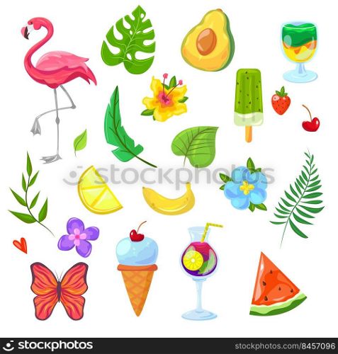 Summer holiday elements set. Tropical cocktail, flamingo, Hawaiian flower, fruits, ice cream, watermelon isolated on white. Vector illustration for vacation on Caribbean island, Bali paradise concept