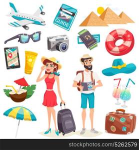 Summer Holiday Icons Set . Summer holiday icons set with tourists luggage airplane mobile device egyptian pyramids and cocktails isolated vector illustration