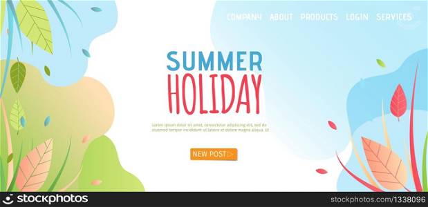 Summer Holiday Landing Page in Flat Style. Cartoon Banner Page with Gradient Backdrop and Natural Design. Template Advertising Places for Rest and Relax Outdoors on Weekend. Vector Illustration. Summer Holiday Landing Page Template in Flat Style