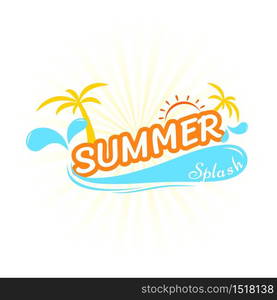 Summer holiday lettering with blue water splash coconut tree and sun icons symbol vector illustration sunburst effect background