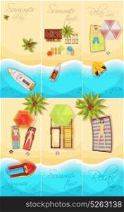 Summer Holiday Posters Set. Summer holiday set of posters top view with coast, boats, palm trees, beach elements isolated vector illustration