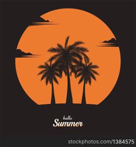 Summer holiday tropical with coconut palms on sky and sunset background. poster flyer invitation card. silhouette nature. vector illustration design