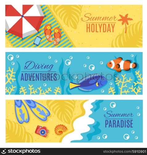 Summer holiday vacation horizontal banners set. Summer paradise holiday adventures horizontal flat banners set with swimming and diving accessories abstract isolated vector illustration